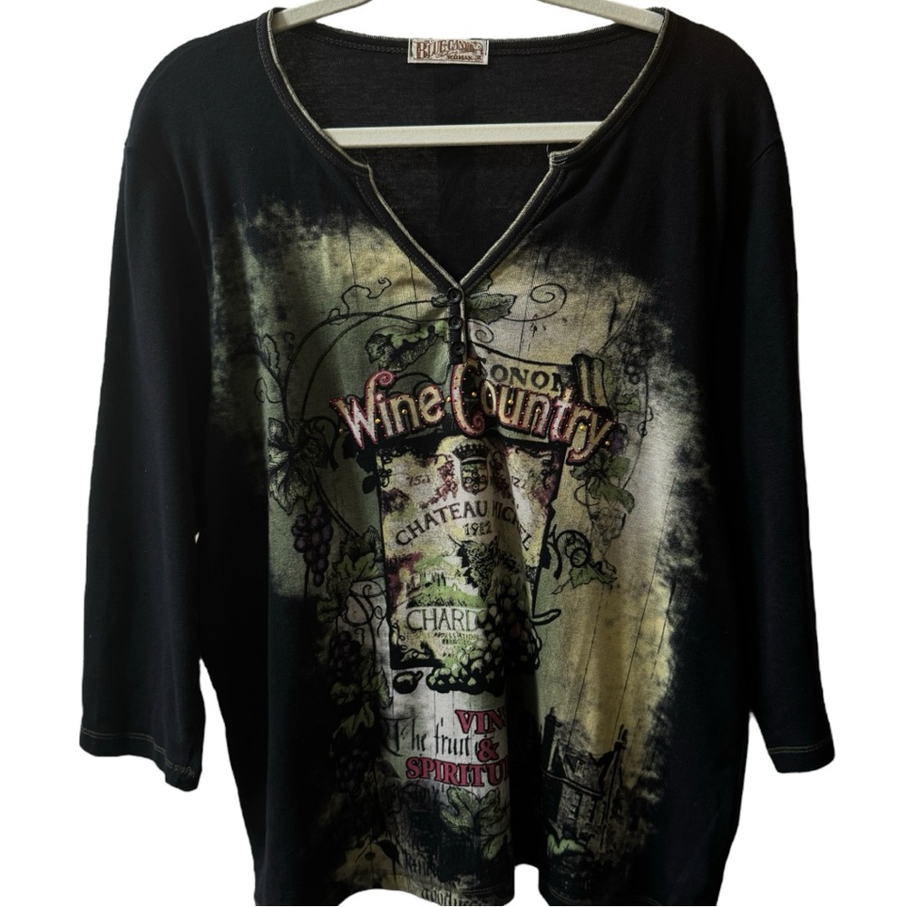 BLUE CANYON CLOTHING Black Henley Shirt Women's Size 3X Wine Country Print